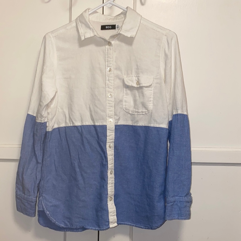 BDG Small Petite White Blue Button Up Long Sleeve Shirt